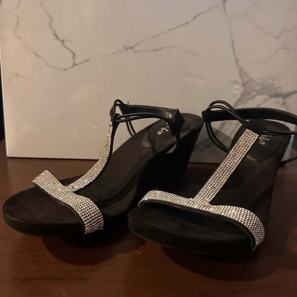 Elegant Black and Silver Rhinestone Women's Wedge Sandals